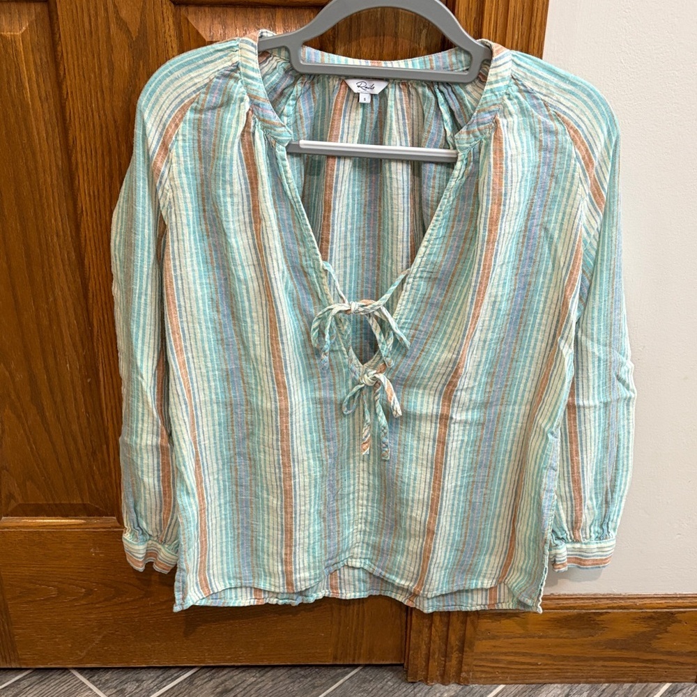 Rails Women’s Brielle Linen Blend Tie Front Top, Seaview Stripe, Small, EUC